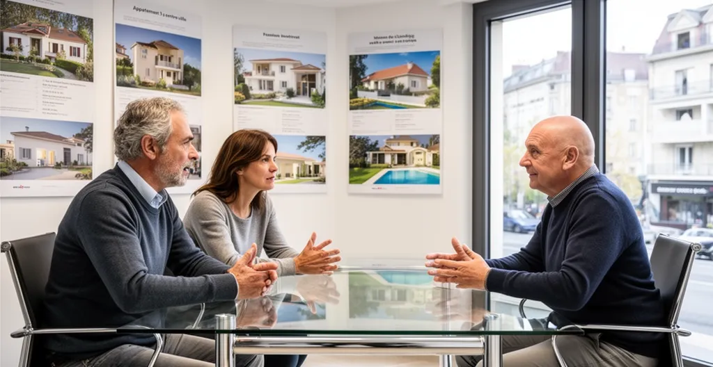 Couple en discussion avec un conseiller dans un bureau d'agence immobilière