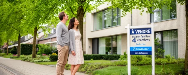 Couple trentenaire observant une maison avec panneau immobilier dans un quartier résidentiel