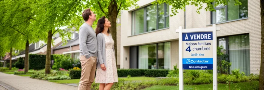 Couple trentenaire observant une maison avec panneau immobilier dans un quartier résidentiel
