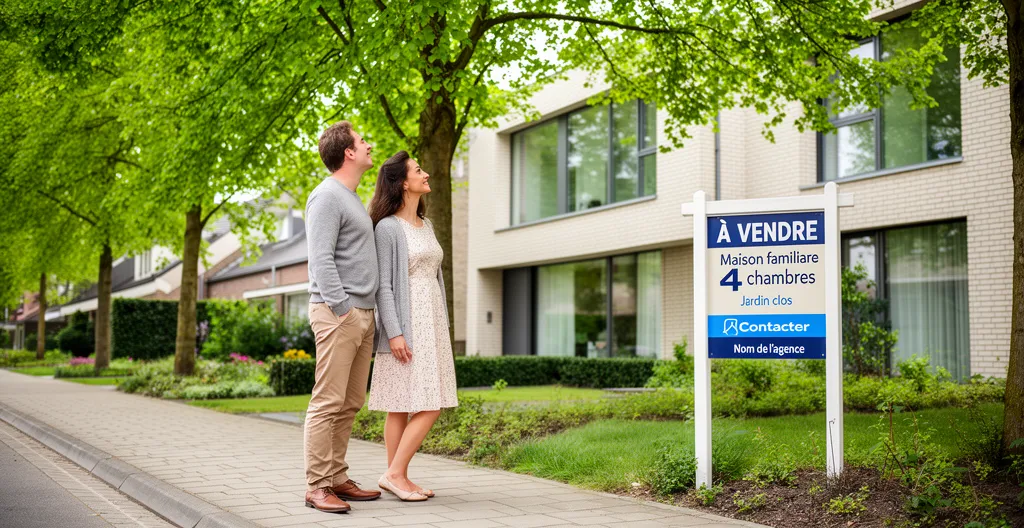 Couple trentenaire observant une maison avec panneau immobilier dans un quartier résidentiel