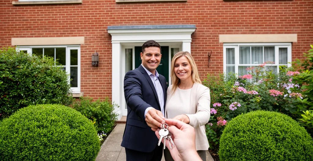 Agent immobilier et couple devant porte d'entrée lors de la remise des clés