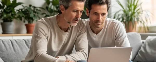 Couple français simulant leur crédit immobilier sur ordinateur portable dans leur salon