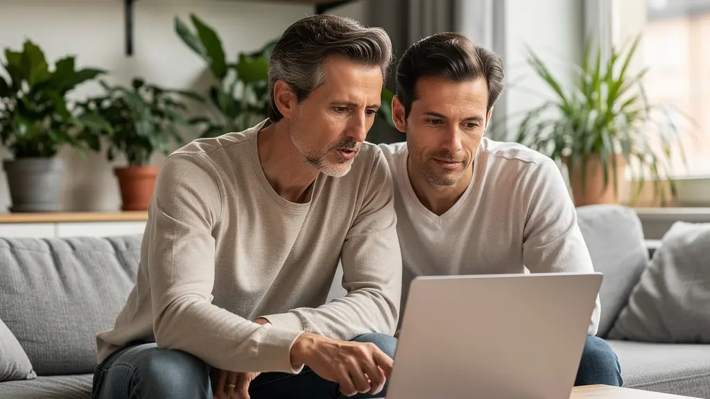 Couple français simulant leur crédit immobilier sur ordinateur portable dans leur salon