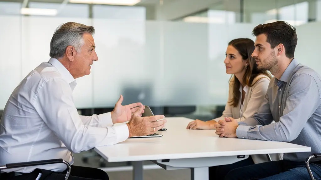 Courtier immobilier expliquant le calcul de mensualité à un couple