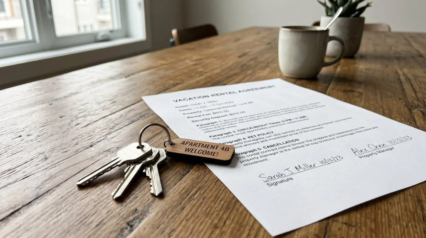 Gros plan sur un trousseau de clés posé sur une surface en bois clair à côté d'un contrat de location flou montrant la ligne forfait ménage