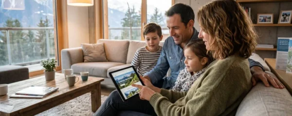 Une famille de quatre personnes assise dans un canapé lumineux consulte ensemble une tablette dans un salon de location de montagne contemporain
