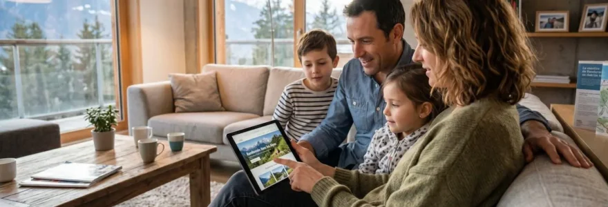 Une famille de quatre personnes assise dans un canapé lumineux consulte ensemble une tablette dans un salon de location de montagne contemporain