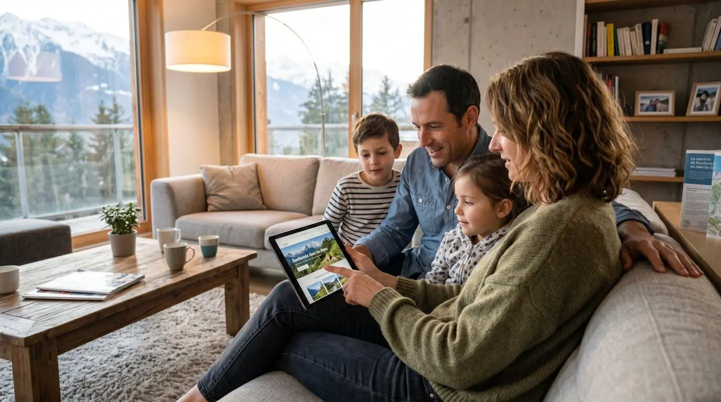 Une famille de quatre personnes assise dans un canapé lumineux consulte ensemble une tablette dans un salon de location de montagne contemporain